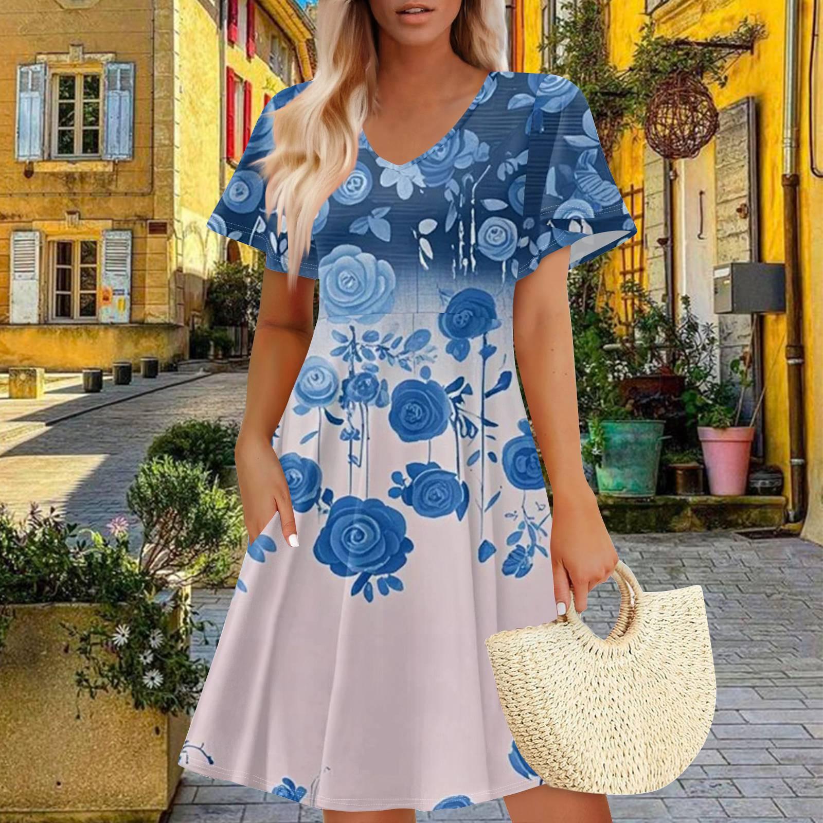 

Женское летнее платье повседневное свободное цветочное оборка с коротким рукавом сарафан пляжное платье А-силуэта с карманами XXL розовый