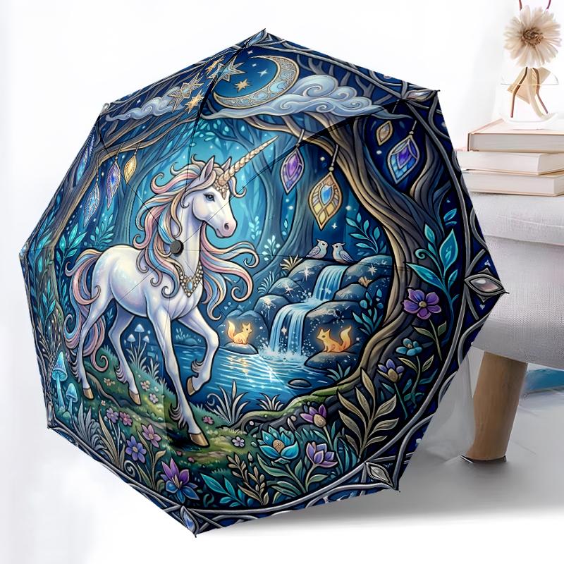 1pc Sturdy 8-Bone Auto Umbrella, Starry Night Pink Mane Unicorn Umbrella, Digital Printed, Foldable Umbrella for On-the-Go Outdoor Use