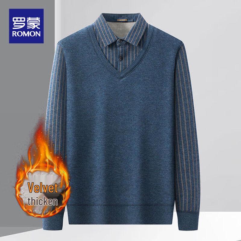 ROMON Men's Fleece-Lined Faux Two-Piece Knit Sweater