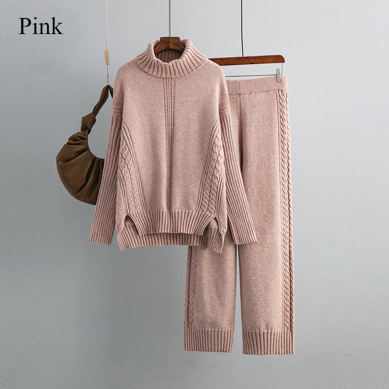 

Спортивный костюм Водолазка Головной убор Толстый вязаный свитер Повседневная мода Женщины Осень и зима Свободные широкие брюки Комплект из двух предметов One Size розовый