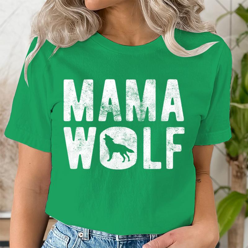 Mama Wolf Print T Shirt for Women Kawaii Graphic Shirts Casual Short Sleeved Black Vintage Female Tee O-neck Harajuku T-shirts