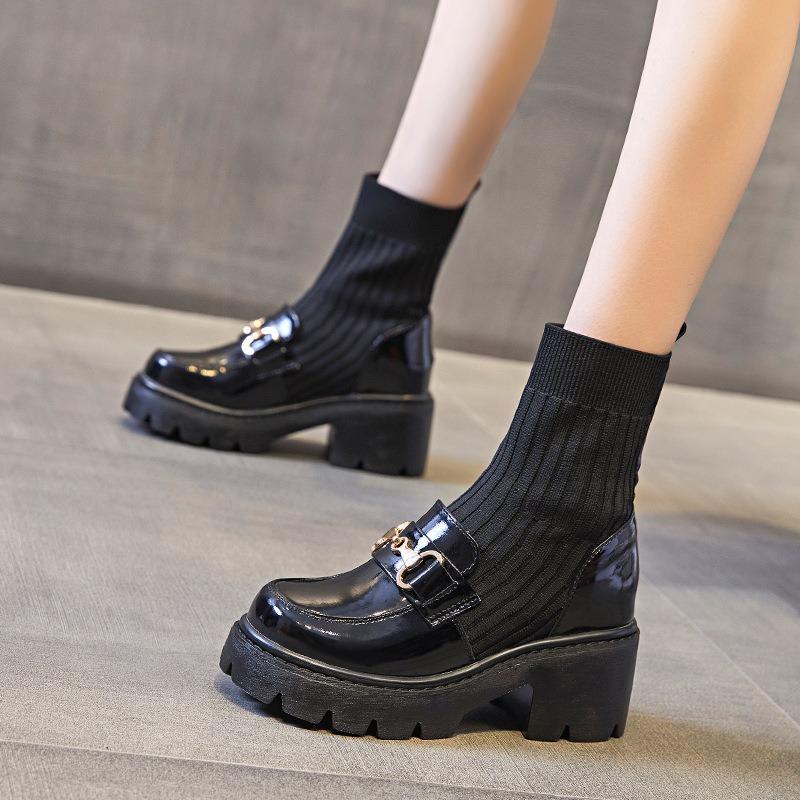Black high-heeled short boots thick-heeled loafers boots integrated with wide-leg pants skirt shoes with socks Martin boots