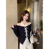 MR [Soothing Velvet] Design Sense Bow Off-Shoulder Fake Two-piece Knitted Sweater Women's Autumn Spice Girls Irregular Top