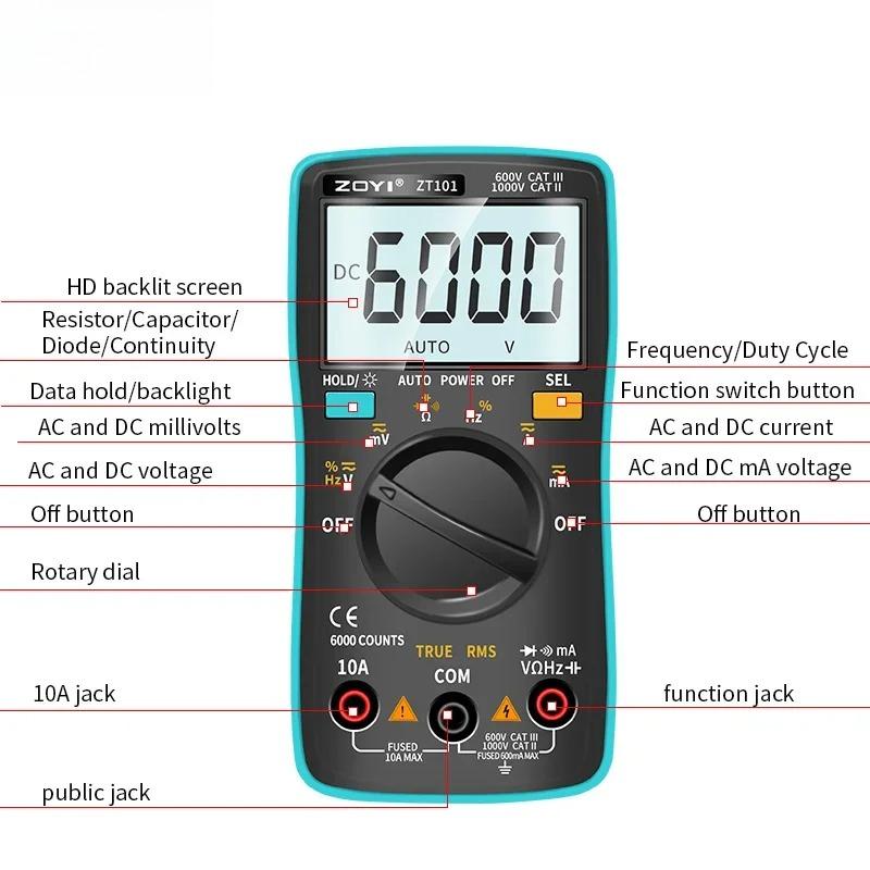 ZT101 Digital Multimeter Backlight AC/DC Ammeter 6000 Counts AC/DC Ammeter Voltmeter Ohm Portable Meter Voltage Electrician Tool