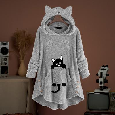 Warm Fleece Hoodies Women Winter Casual Homwears Kawaii Cat Print Loose Sweatshirts Fluffy Long Pullovers Button Hooded Shirts