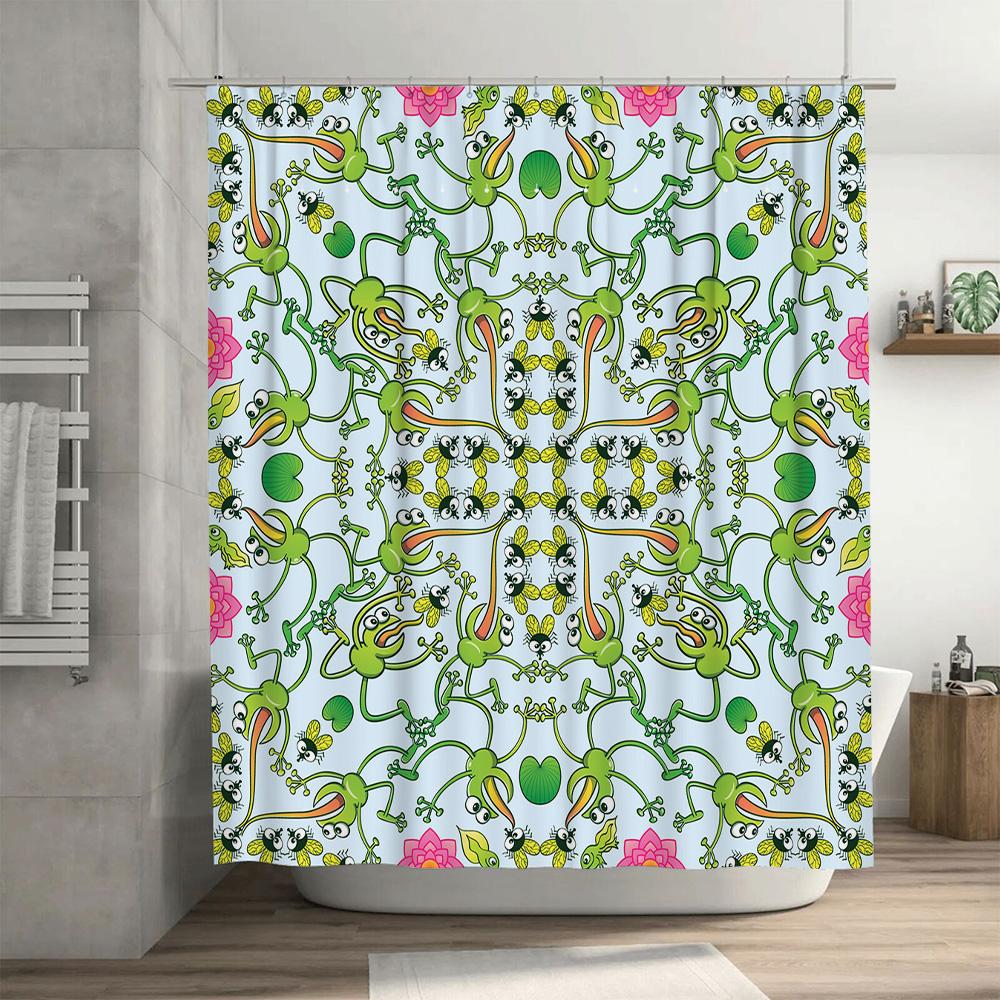 Handmade Shower Curtain Fabric With Frog Pattern For Bathroom Decor Green Floral Bath Curtains For Kids Room Decoration Blue Wat