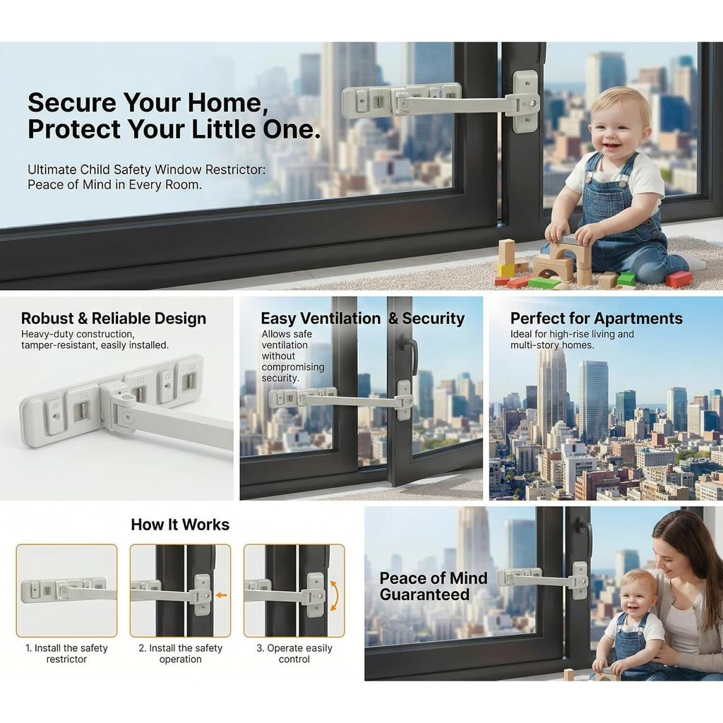 Serrures de sécurité premium pour enfants – Kit de sécurité domestique réglable, sans perçage et facile à installer – Verrou restrictif pour fenêtre
