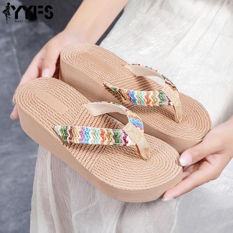 Women Summer Faux Straw Wedge Slippers - Comfortable Thick Sole Beach Sandals