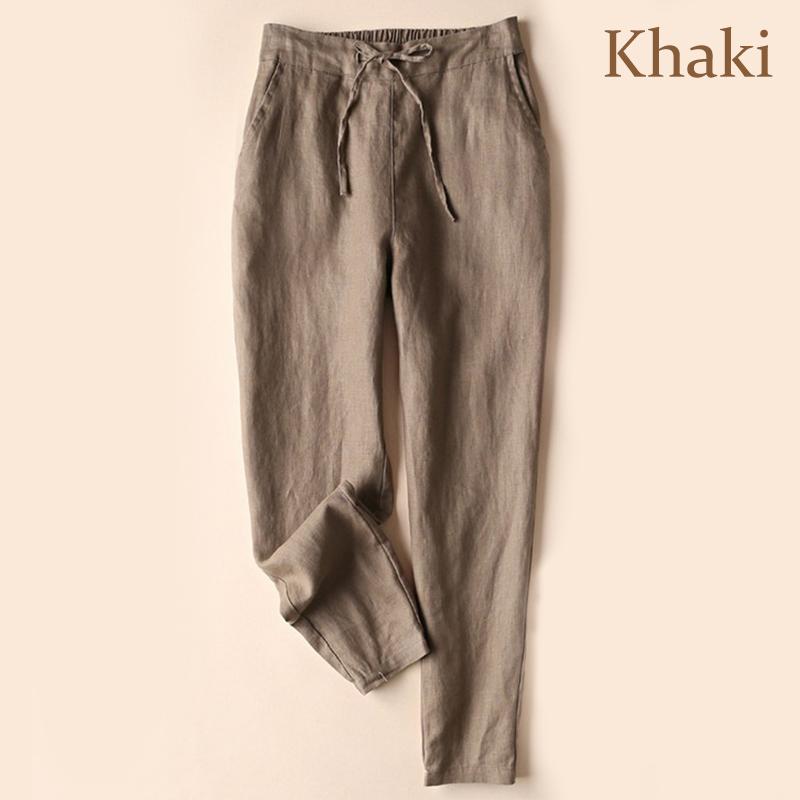 Women Solid Color Cotton Linen Elastic High Waist Trousers Casual Elegant Loose Party