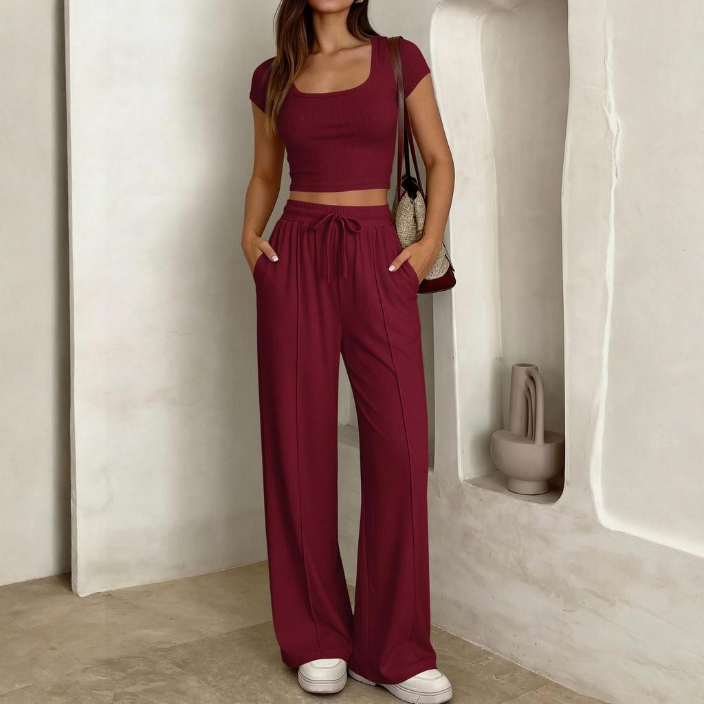 Ladies' Casual Slim Fit Two-piece Set With Short Sleeves And Long Pants