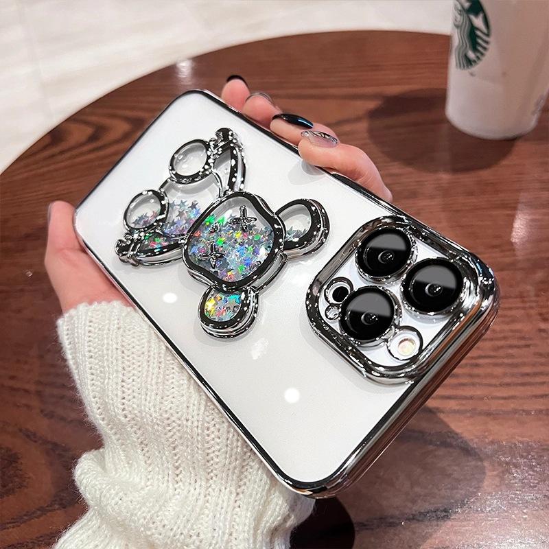 Electroplating quicksand violent bear is suitable for iPhone17 mobile phone case with glass lens film Apple 16 transparent soft case