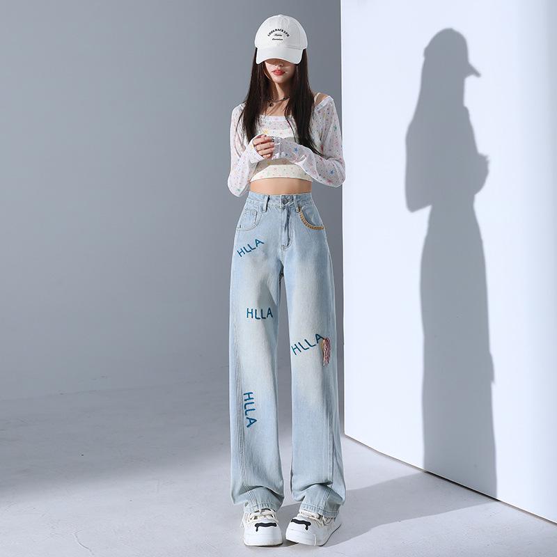 Korean Embroidered Jeans for Women - 2025 Spring/Summer Collection: Loose, Slim, Straight-Leg Design