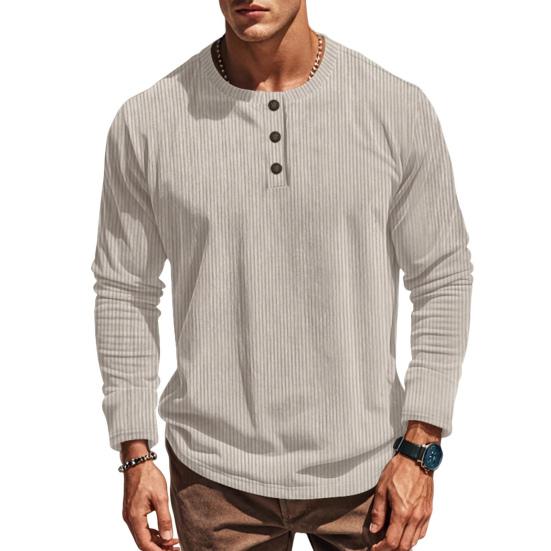 Men Long Sleeve T-Shirt Corduroy Solid Color Spring And Autumn T-Shirt Casual Henry Collar Slim Fit Tee for Daily Wear Travel Office