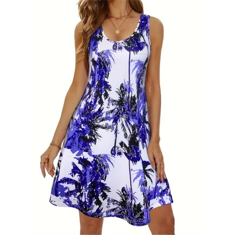 Plants And Flower Buds Pattern Women Mini Dresses Summer Sleeveless O-Neck