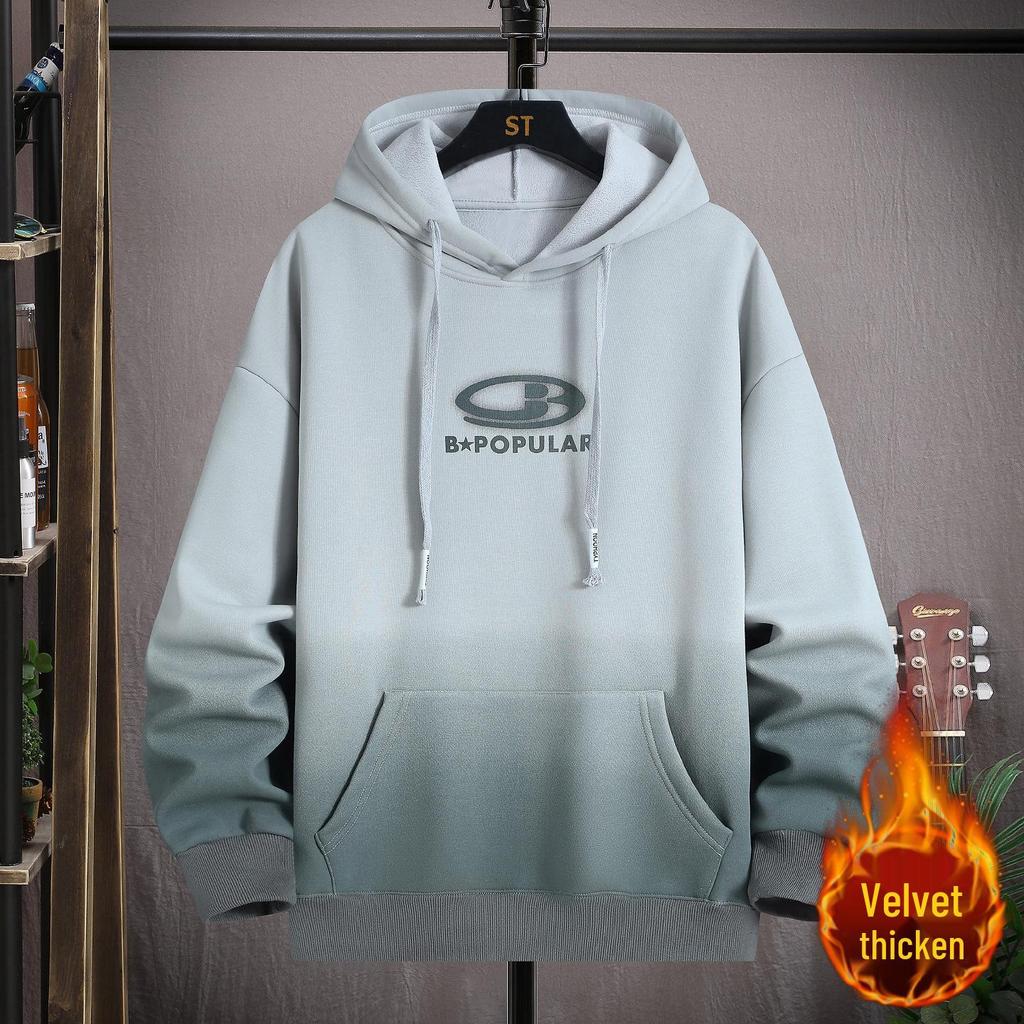 Gradient Color Block Hooded Sweatshirt for Boys, Junior High & High School Students - Plus Velvet, Thickened, Autumn/Winter Outerwear for Teens