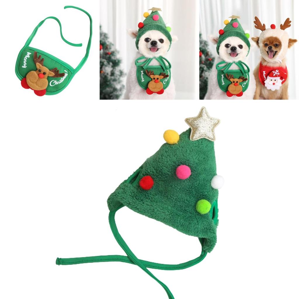 Festive Dog Cat Xmas Hat Bib Set – Red/green/white Polyester