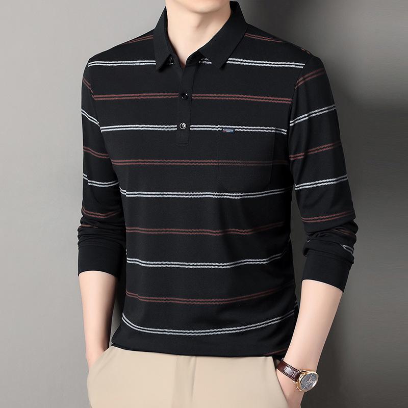 Spring And Autumn High-End Business Casual Polo Shirt For Middle-Aged Men Turn-Down Collar Long Sleeve Striped Versatile T-Shirt For Men