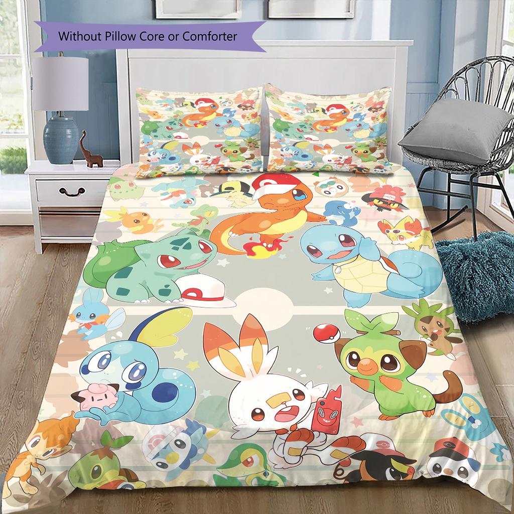 Starter Pokemon Art Bedding Set, 1 Duvet Cover & 2 Pillowcases, Suitable for Home Decor, Ideal Gift for Fans