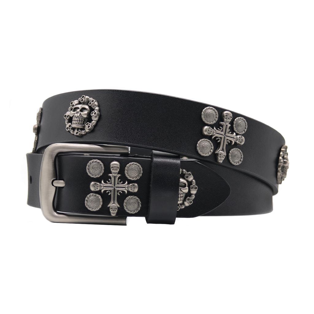 Heavy Metal Cowboy Punk Belt Genuine Leather Hip Hop Belts For Men Cross Rivet Jeans Belt Male Strap Ceinture Homme