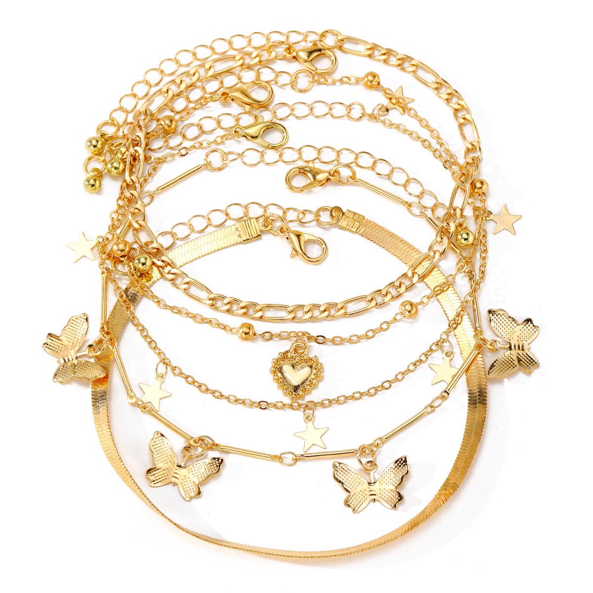 

Simple For Holidays Butterfly Heart Pendant Suitable For Daily Wear Classic A Gift Chain Design Women s Stackable Anklet 5pcs/set Handmade золотистий