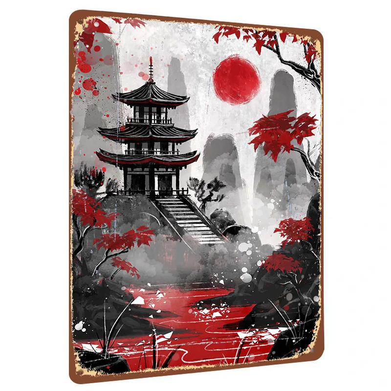 

Chinese Style Landscape Red Leaf Temple Zen Decor Japanese Retro HomeMetal Iron Painting 20x30cm（7.8x11.8inch）