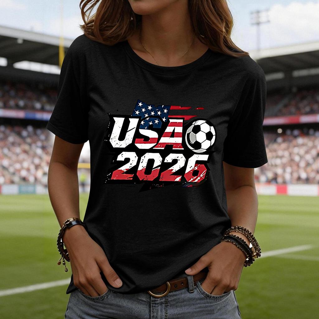 Women’s Short Sleeve Crewneck T Shirt with USA 2026 Graphic Print Soccer Ball Casual Loose Fit Top Tee