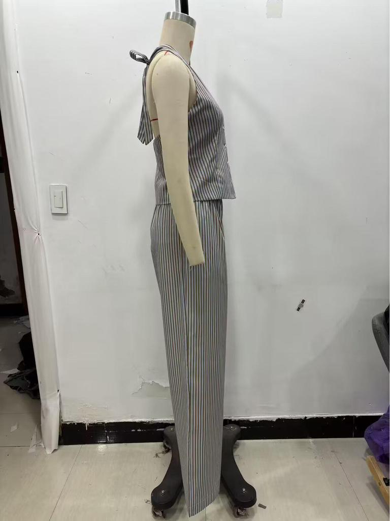 ZA Women's Summer 2025 Retro Striped Halter Neck Vest and Straight Leg Pants Set