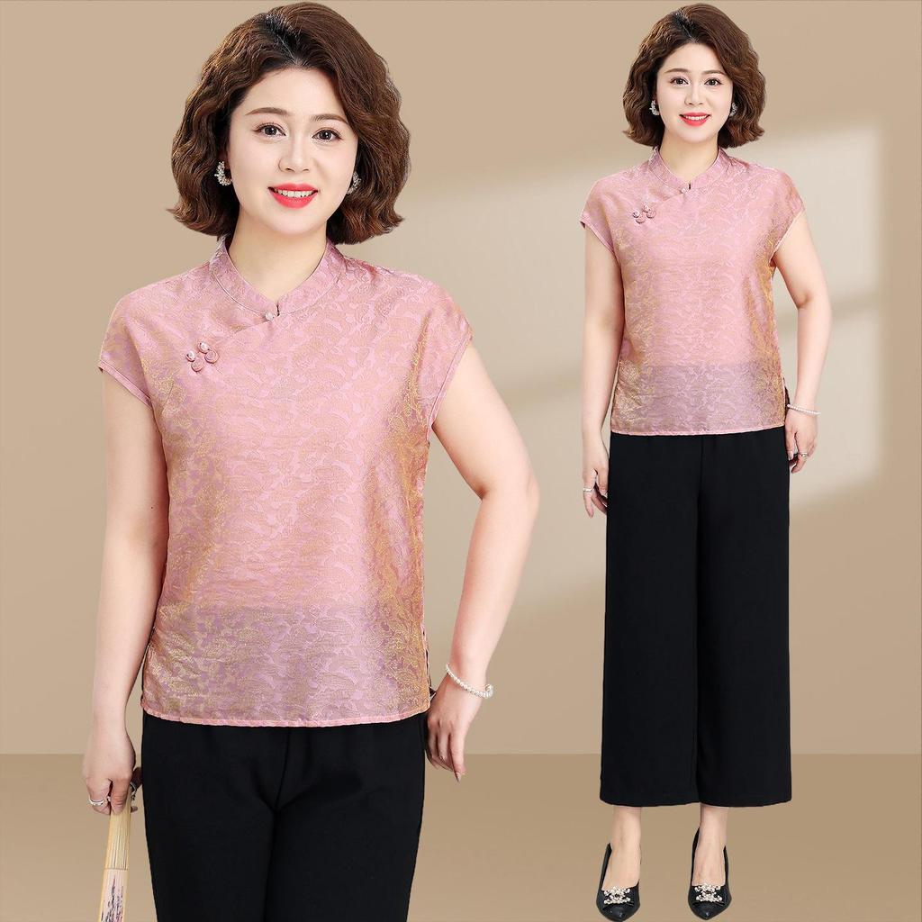 Mom's Chic Summer Chinese Style Two-Piece Short-Sleeve Top for Middle-Aged Women