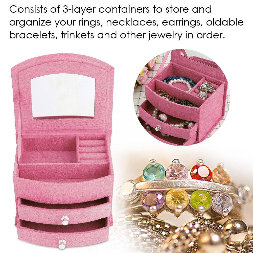 3 Layers Portable Jewelry Earrings Rings Bracelet Necklace Box Organizer Storage Pink