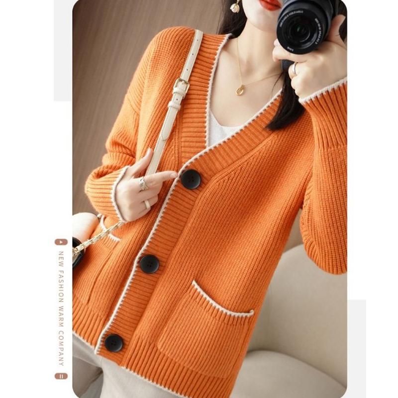 Autumn Winter Korean Fashion V-neck Loose Knitted Sweater Jacket Women Cardigan Pockets Casual Office Coats Long Sleeve Solid Color Simple Clothing