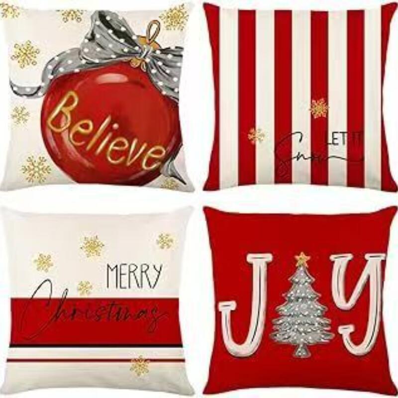 4 PC Reversible Christmas Pillow Covers Set - Santa Snowman Linen Blend Sofa Decor Festive Home Accents