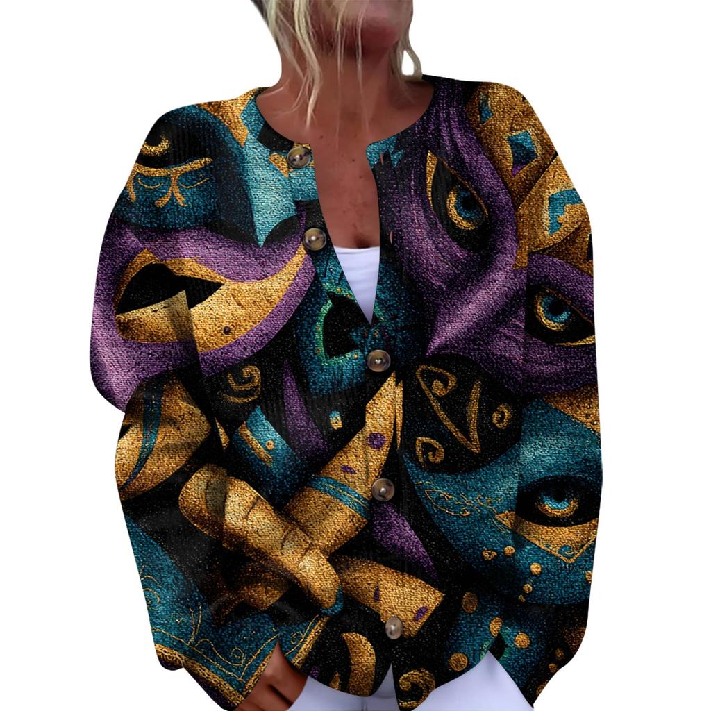 Dámský módní festivalový pletený kardigan s dlouhým rukávem a zapínáním na knoflíky