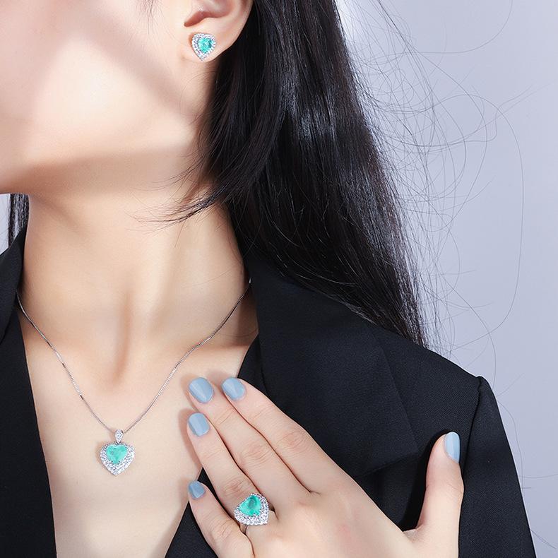 Cross Border Blue Heart-shaped Gemstone Inlaid Pendant Simulation Paraiba Necklace Ring Earring Three Piece Set