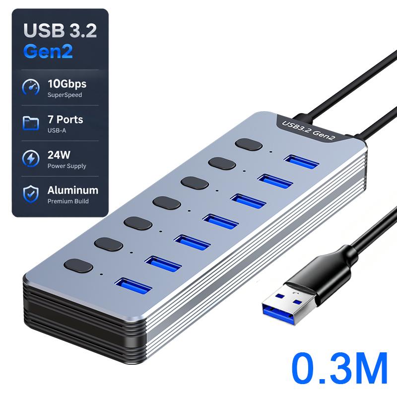 Концентратор USB 3.2 Gen2 10 Гбит/с, 7 портов, с питанием, разветвитель USB, алюминиевый корпус, индивидуальный переключатель, удлинитель USB для ноутбука, мобильного жесткого диска 0.3M