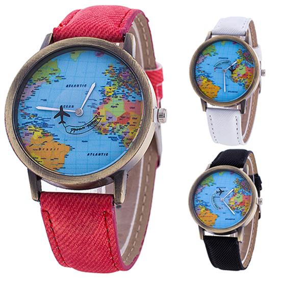 Women's World Map Dial Denim Fabric Strap Analog Quartz Students Wrist Watch