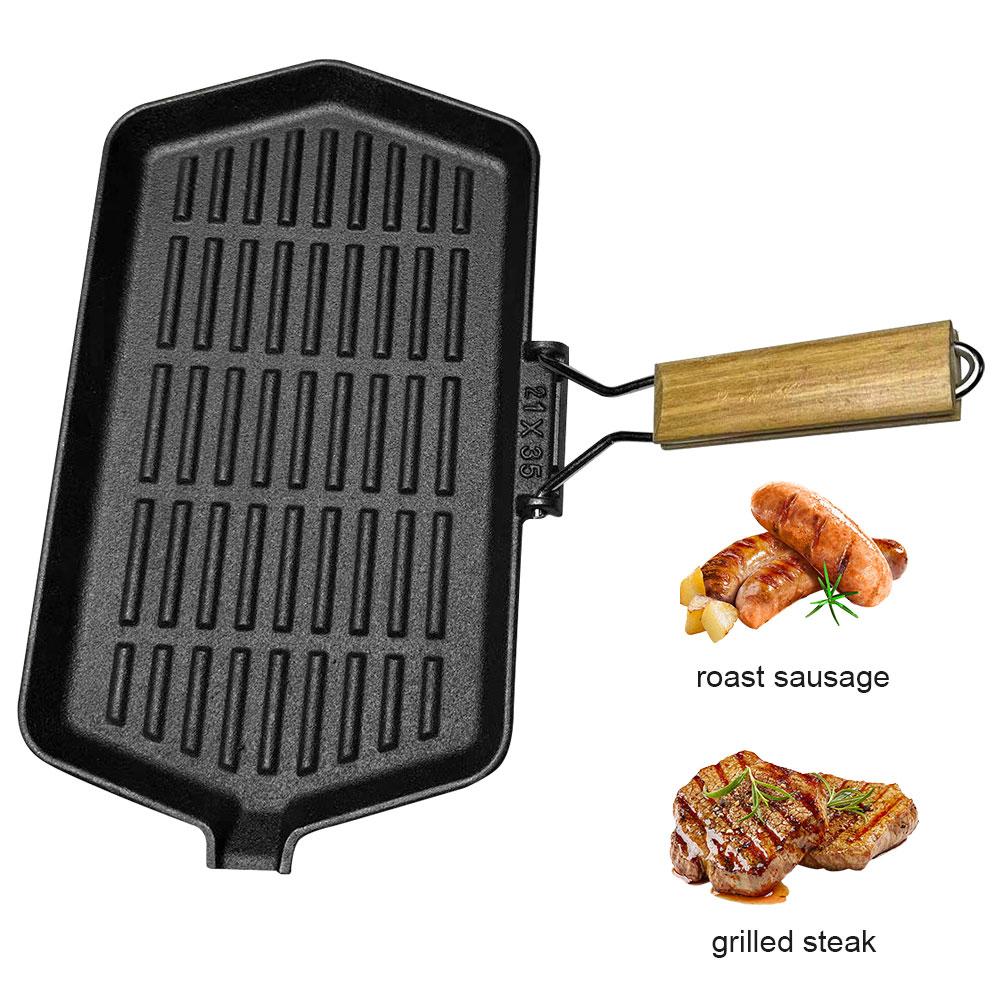 34X19cm Iron Steak Pan Rectangular Frying Pan with Handle Skillet for Induction Cooker for Outdoor Hiking Picnic Cooking