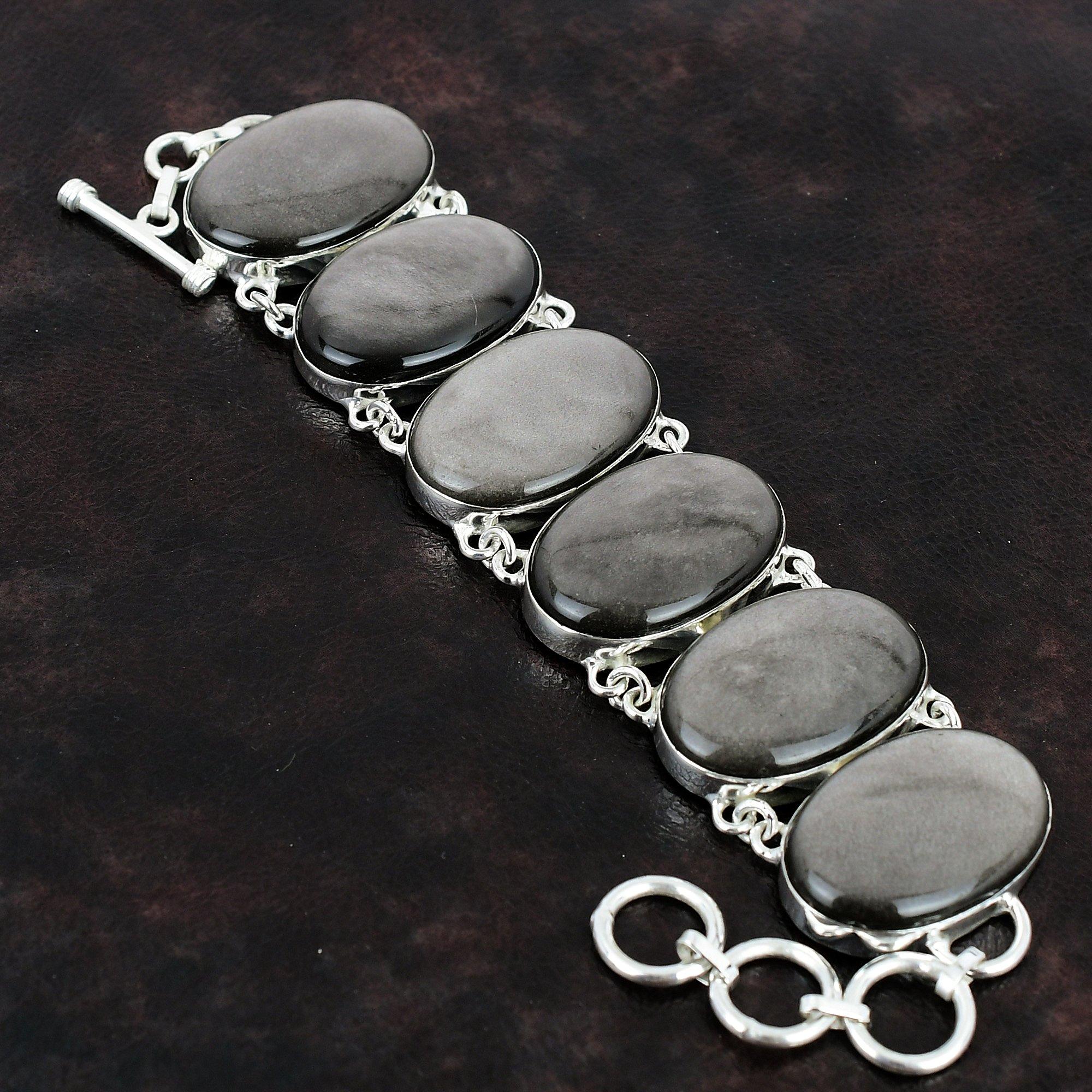 

Серебряный браслет из обсидиана Браслет из стерлингового серебра 925 пробы Регулируемый браслет-цепочка Браслет из драгоценных камней ручной работы Дизайнерские украшения для подарков Adjustable