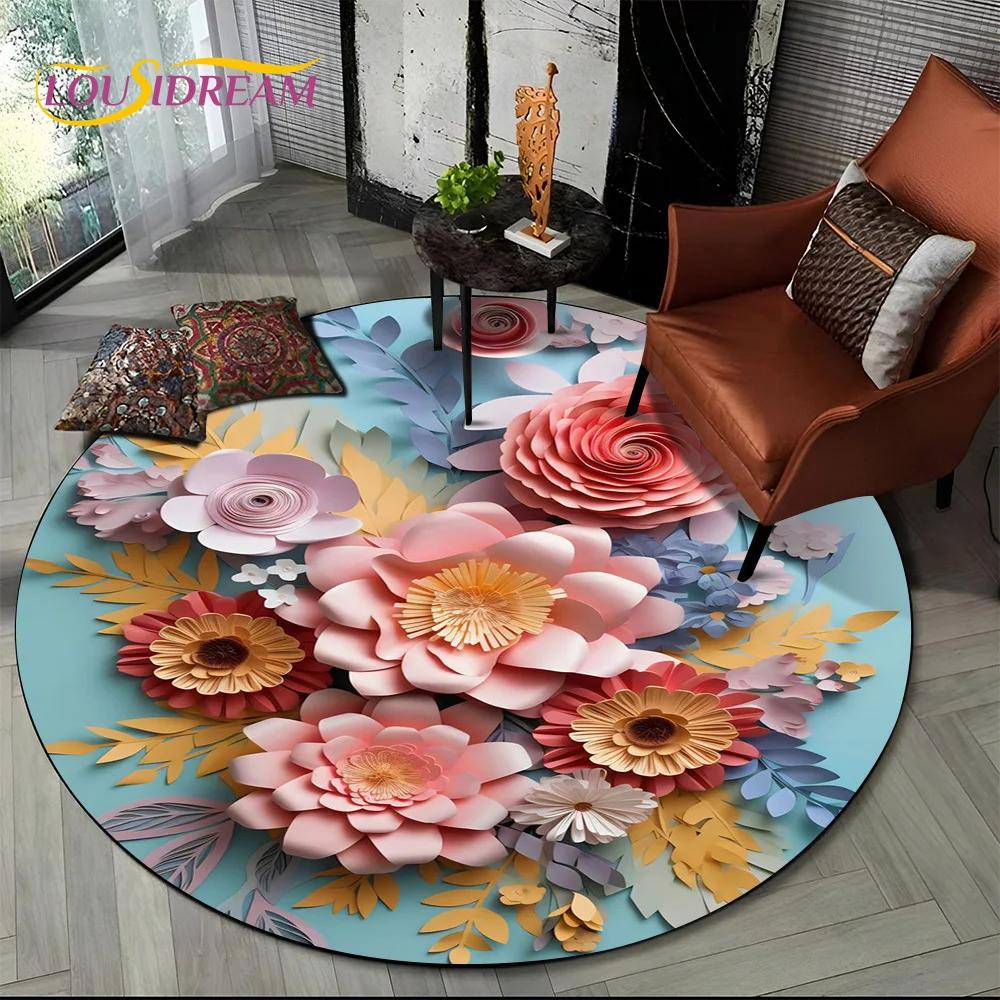 Dream Flower Art Daisy Rose Sunflower Cartoon Round Carpet Rug for Living Room Bedroom Kid Decor,Pet Area Rug Non-slip Floor Mat
