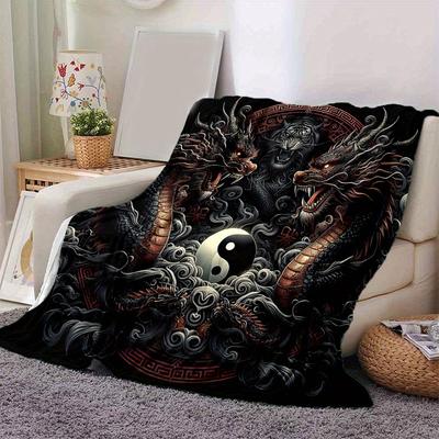 1pc Yin and Yang Dragons Blanket, Cartoon Home Decor Gift, Living Room, Travel, Camping, Car Blankets