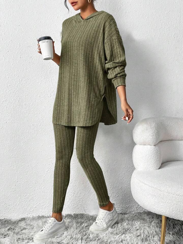 Autumn/Winter 2025 Ribbed Hooded Long Sleeve Casual Women's Set