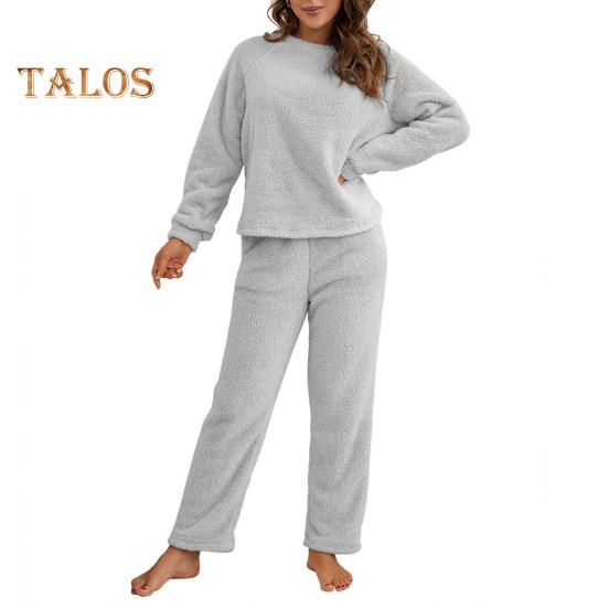 2 Pcs/Set Pajama Set Autumn Winter Casual Outfit Top Pants Set Round Neck Long Sleeve Top Elastic Waist Sport Tracksuit Daily Clothes Sleepwear