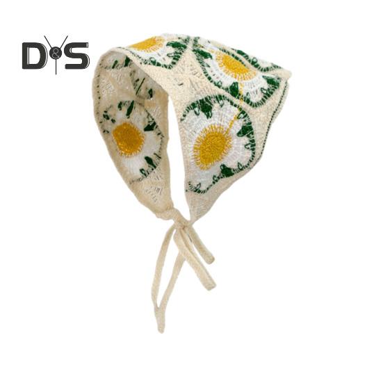 

Платок в пасторальном стиле с цветочным узором, вязаный крючком, тюрбан на шнуровке, дышащий вязаный головной убор, аксессуары для волос F