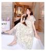 Summer new French ink painting bubble sleeves waist and thin temperament lady floral chiffon dress