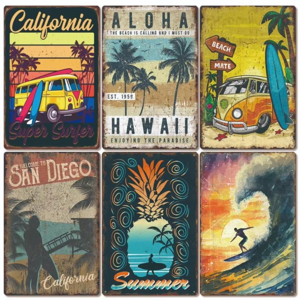 Vintage Tin Art of Summer Surfboards: Ideal for American Bar Backdrops and Home Decor Wall Murals