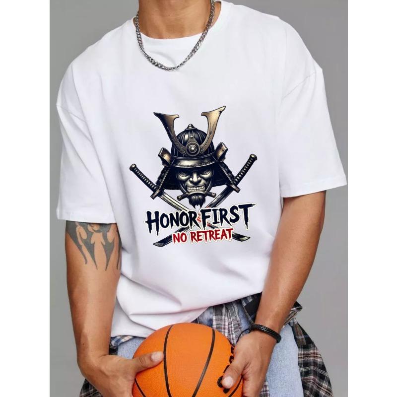 

Мужская белая футболка Самурайский шлем и мечи Честь прежде всего Ни шагу назад Графический принт Повседневная одежда для ежедневных нарядов и уличного стиля S белый