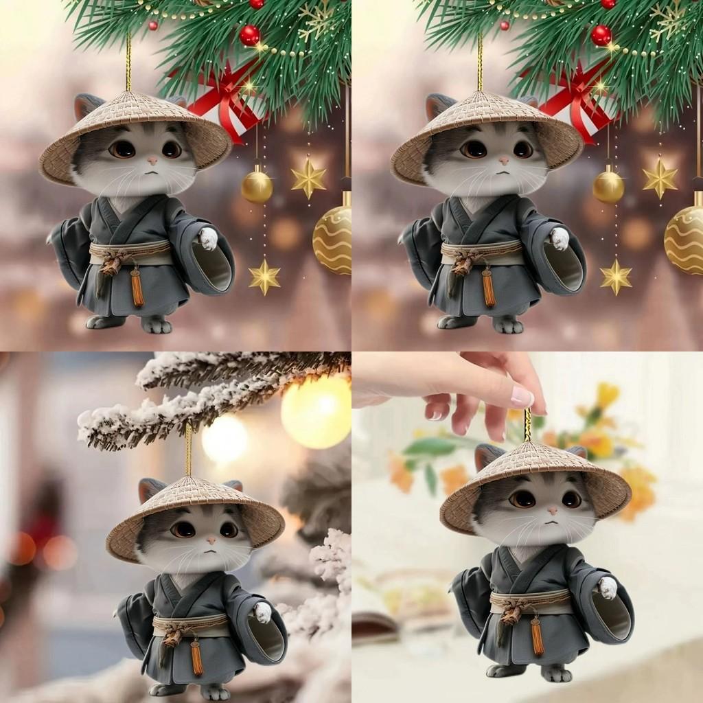 Cat Straw With Hat Acrylic Car Pendant For Christmas Party Decor Interior And