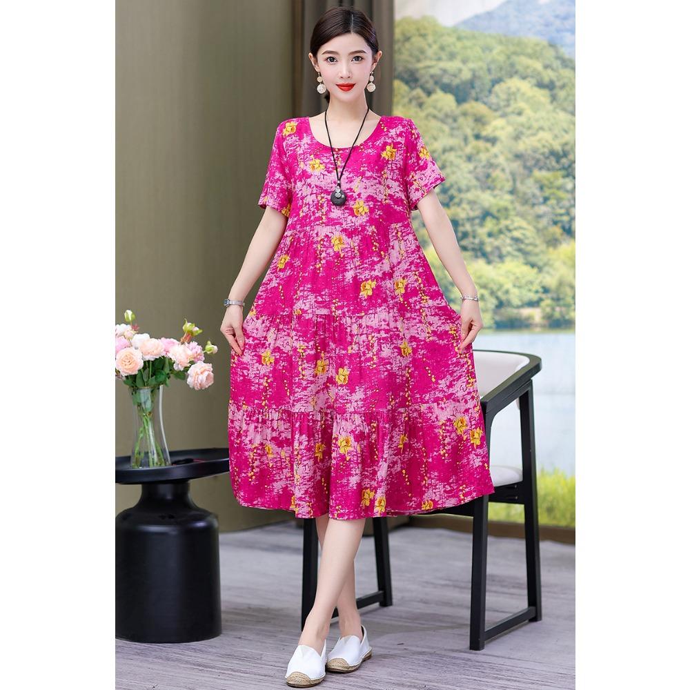 Summer Short-sleeved, Loose and Long Artificial Cotton Dress for Middle-aged and Elderly Women