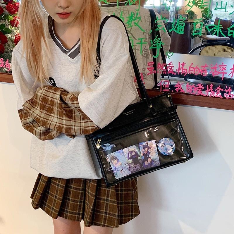 Color Simple Solid Shoulder Bag With Transparent Layer For Storing Badges