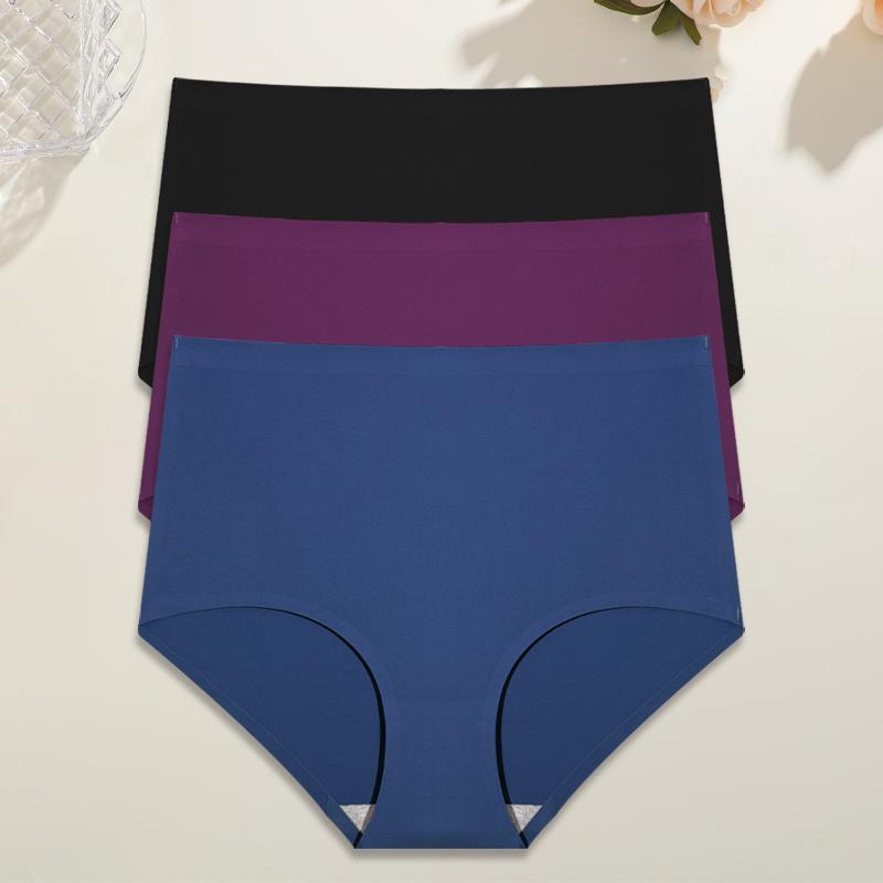 3Pcs Plus Size Ice Silk Underwear Women's Seamless Panties Sexy High Rise Traceless Invisible Briefs Breathable Lingerie