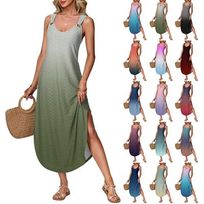 Damen Sommer langes Kleid, ärmellos mit Seitenschlitzen, langes Farbverlauf Westenkleid